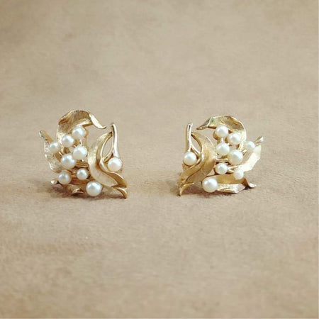 Trifari Golden Pearl Leafy Earrings Vintage - The Hirst Collection