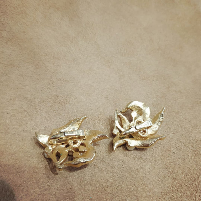 Trifari Golden Pearl Leafy Earrings Vintage - The Hirst Collection