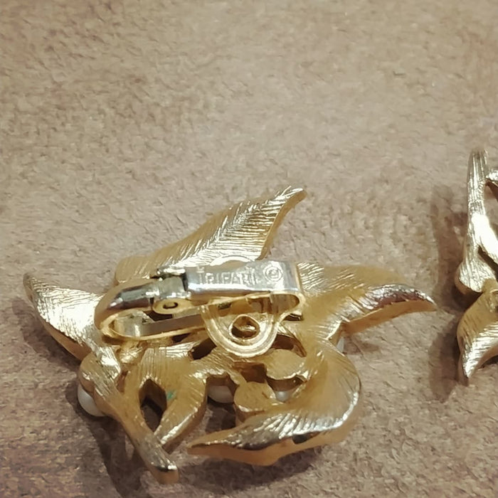 Trifari Golden Pearl Leafy Earrings Vintage - The Hirst Collection