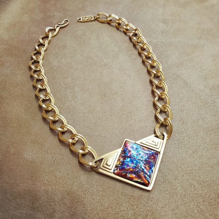 Yves Saint Laurent Vintage Necklace Gold Pink Purple Dichroic Glass Statement - The Hirst Collection