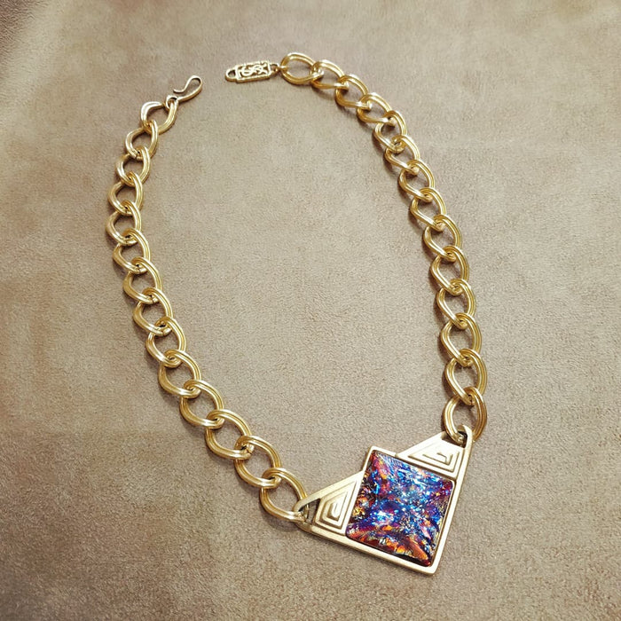 Yves Saint Laurent Vintage Necklace Gold Pink Purple Dichroic Glass Statement - The Hirst Collection