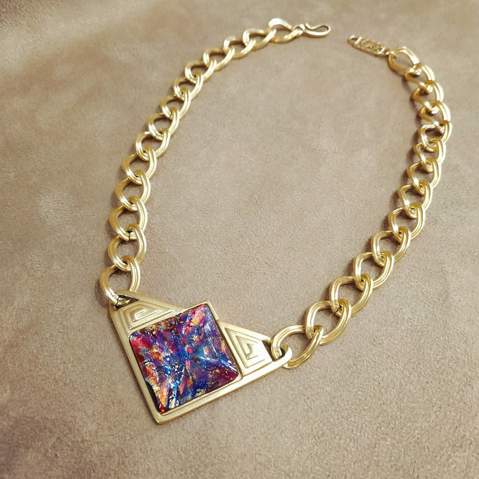 Yves Saint Laurent Vintage Necklace Gold Pink Purple Dichroic Glass Statement - The Hirst Collection