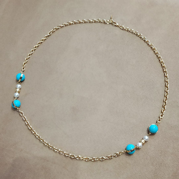 Dior Long gold sautoir chain with Glass Turquoise and Pearl - The Hirst Collection