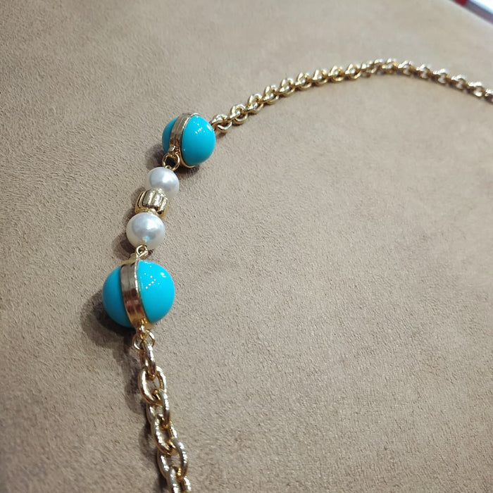 Dior Long gold sautoir chain with Glass Turquoise and Pearl - The Hirst Collection