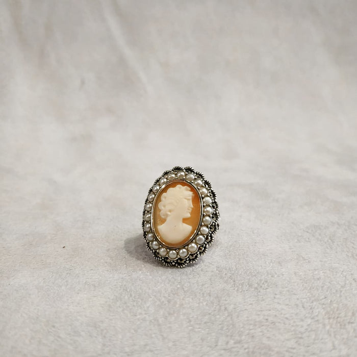 Cameo Ring Silver Freshwater Pearl Marcasite - The Hirst Collection