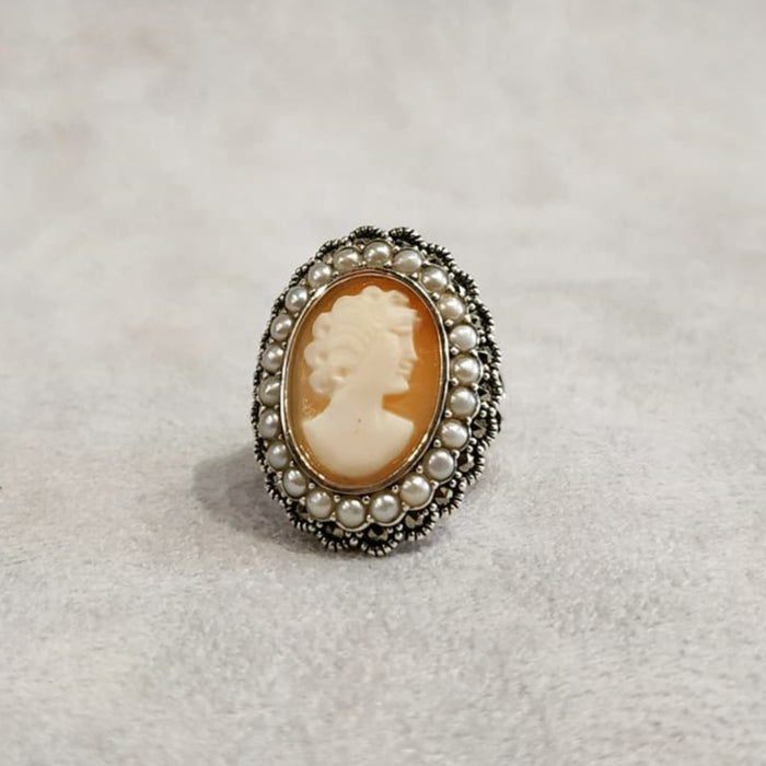 Cameo Ring Silver Freshwater Pearl Marcasite - The Hirst Collection