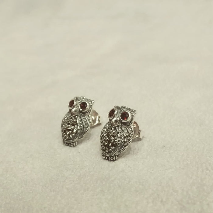 Silver Marcasite Garnet Owl Studs Earrings - The Hirst Collection