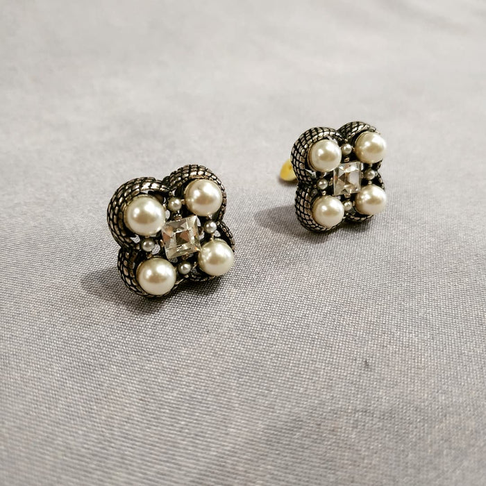 Quatrefoil Pearl Clear Crystal Clip On Earrings by Askew London - The Hirst Collection