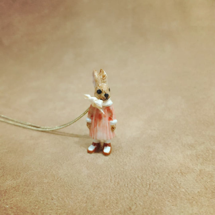 Bunny Girl in a Pink Dress Brown Rabbit Pendant by And Mary - The Hirst Collection