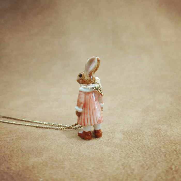 Bunny Girl in a Pink Dress Brown Rabbit Pendant by And Mary - The Hirst Collection