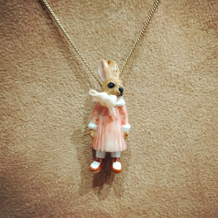 Bunny Girl in a Pink Dress Brown Rabbit Pendant by And Mary - The Hirst Collection