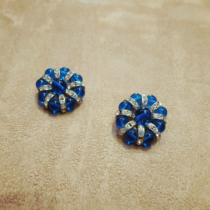 Cobalt Blue Beaded and Crystal Earrings Gold Plated Clip on - The Hirst Collection