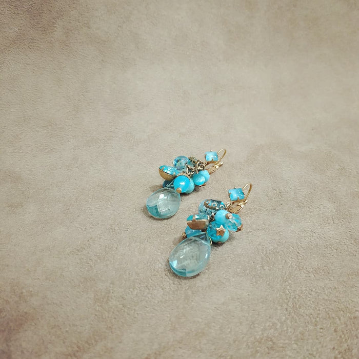Askew London Blue Turquoise Dangling Charm Drop Earrings Gold Plated Vintage Glass Crystal