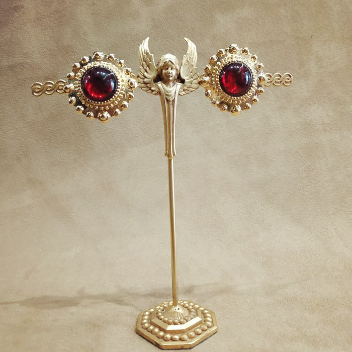 Large red and gold vintage glass clip on earrings beaded dot trim