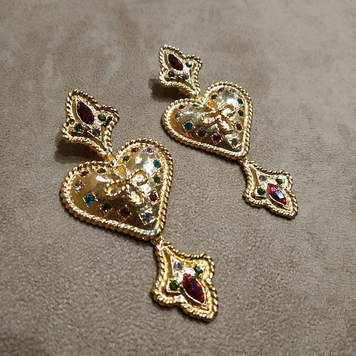 Statement Fleur De Lis Gold Heart Drop Earrings