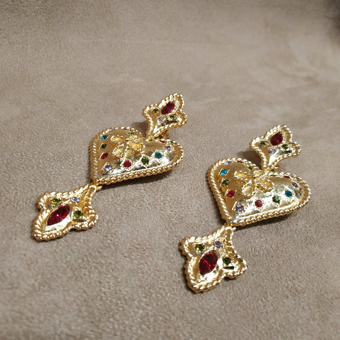 Statement Fleur De Lis Gold Heart Drop Earrings
