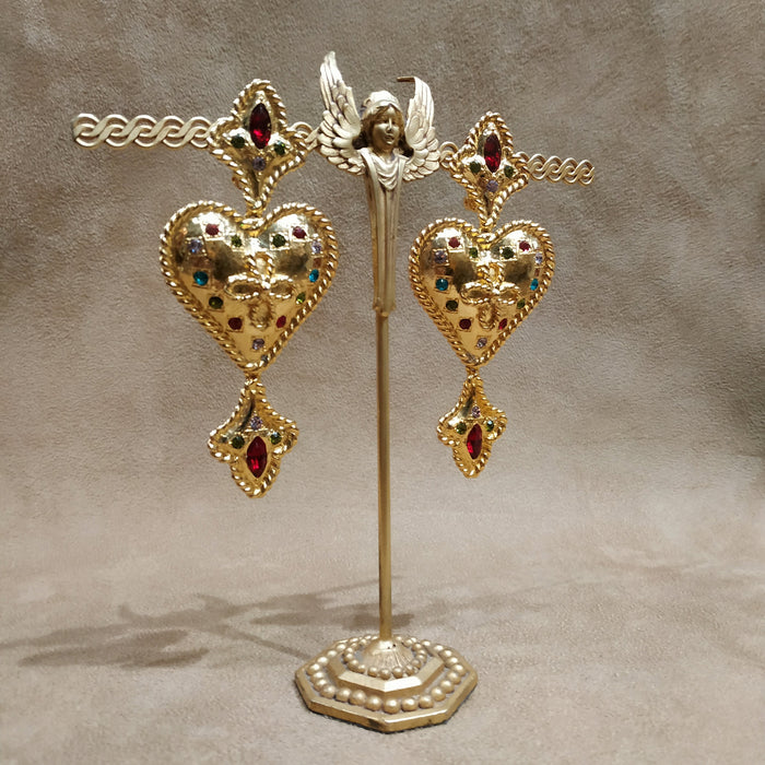 Statement Fleur De Lis Gold Heart Drop Earrings