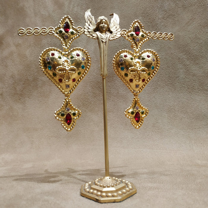 Statement Fleur De Lis Gold Heart Drop Earrings