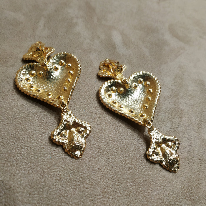 Statement Fleur De Lis Gold Heart Drop Earrings