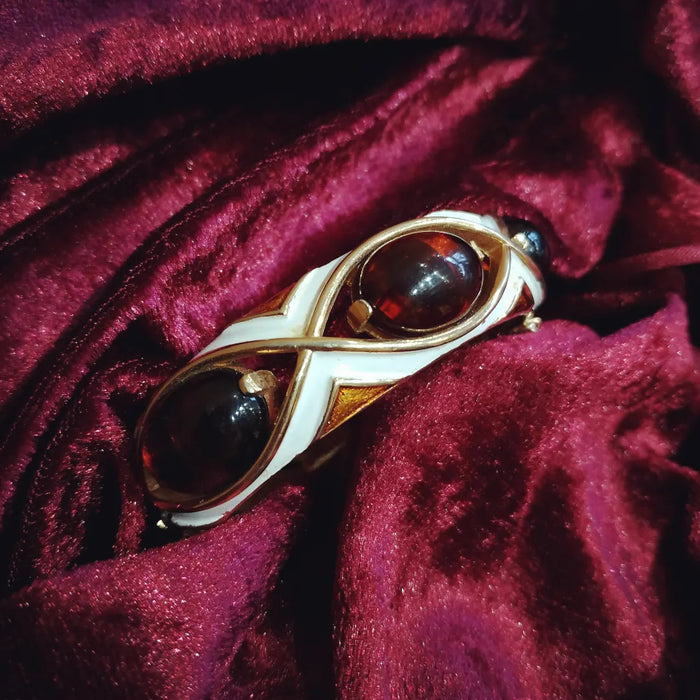 Trifari white enamel Amber brown clamper bangle