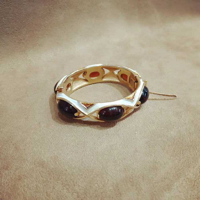 Trifari white enamel Amber brown clamper bangle