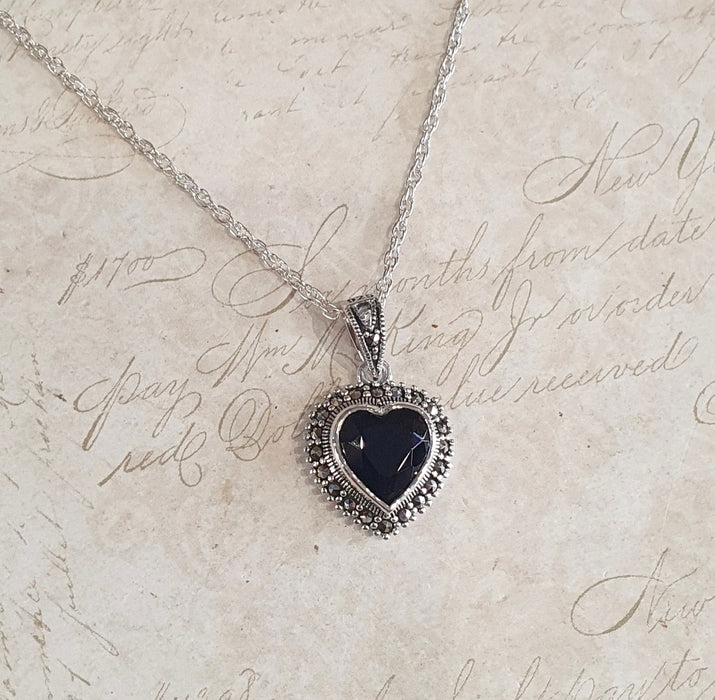 Sapphire Blue Heart Pendant Necklace Silver Marcasite