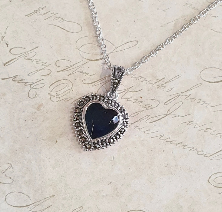 Sapphire Blue Heart Pendant Necklace Silver Marcasite