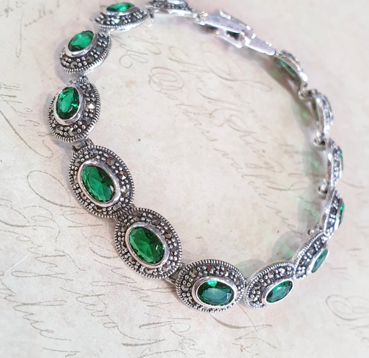 Emerald Green Bracelet Silver Marcasite Oval Stones