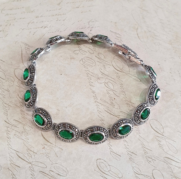 Emerald Green Bracelet Silver Marcasite Oval Stones