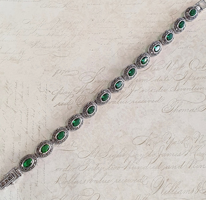 Emerald Green Bracelet Silver Marcasite Oval Stones