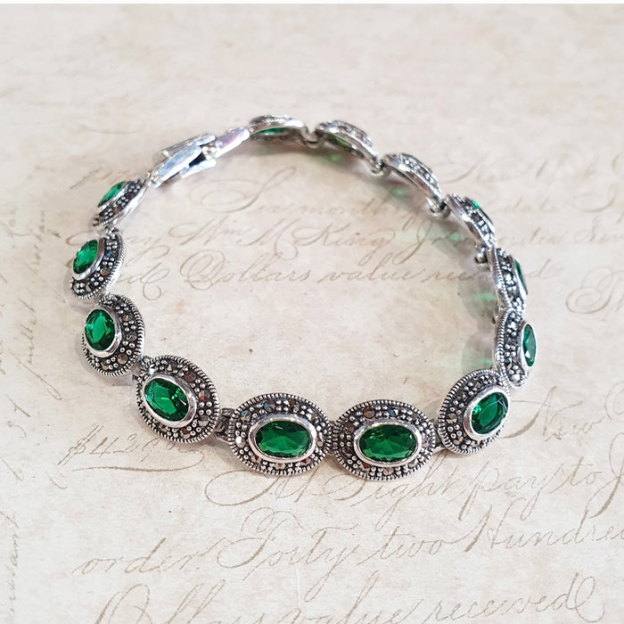 Emerald Green Bracelet Silver Marcasite Oval Stones