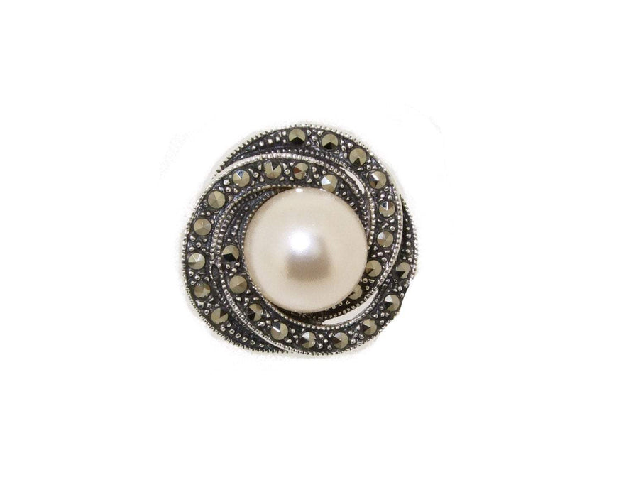 Art Deco Ring Silver Glass Pearl Marcasite - The Hirst Collection