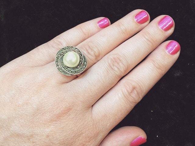 Art Deco Ring Silver Glass Pearl Marcasite - The Hirst Collection