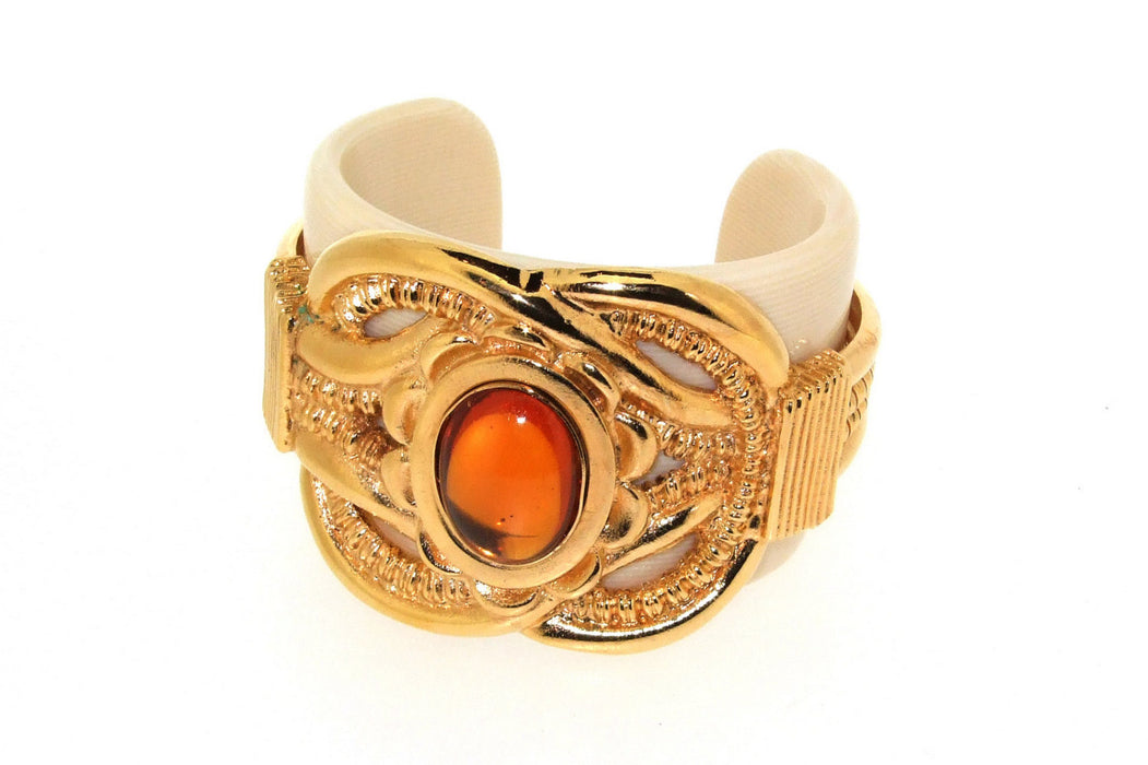 Vintage Escada Bracelet Large Statement Cuff Gold Cream and Amber Glass Stone - The Hirst Collection