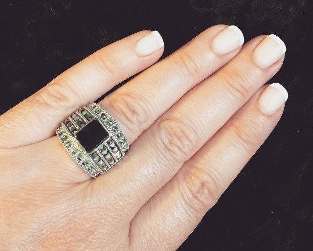 Black Onyx Art Deco sparkly squares Ring - The Hirst Collection