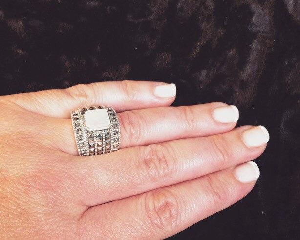 Art Deco Style Ring with Luther of pearl and square Marcasite - The Hirst Collection