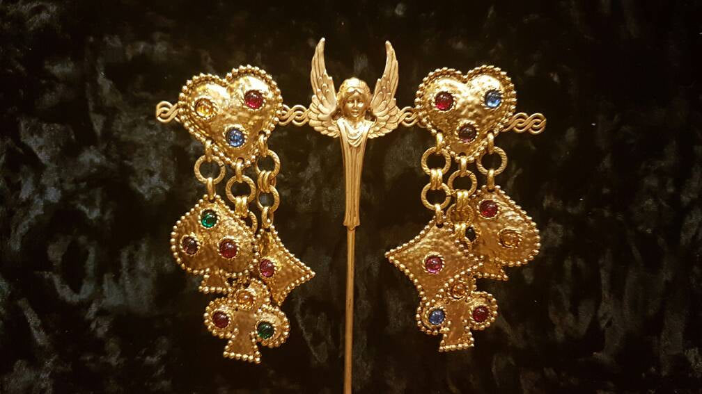 Edouard Rambaud Statement Chandelier Earrings Heart Gold Jewelled - The Hirst Collection