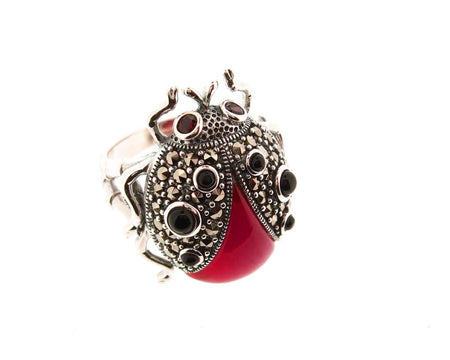 Ladybug Ring Silver Marcasite Coral Black Onyx Ladybird - The Hirst Collection