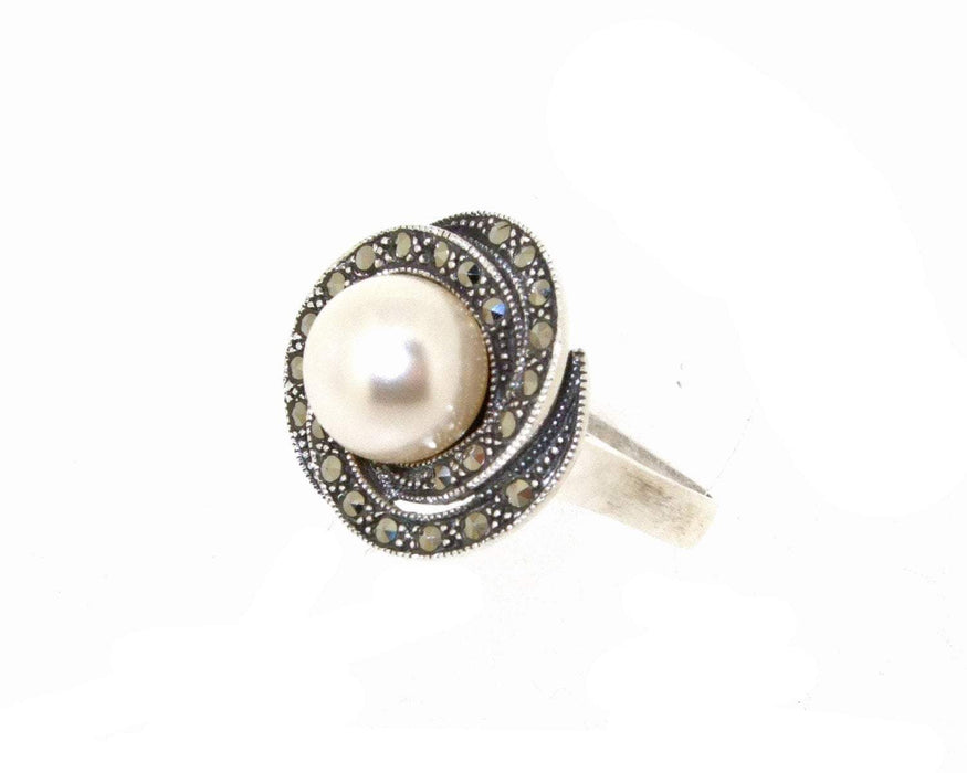 Art Deco Ring Silver Glass Pearl Marcasite - The Hirst Collection