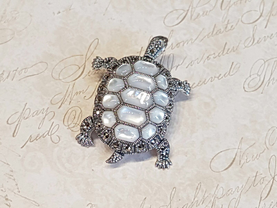 Tortoise Silver Brooch Pin in Mother of Pearl Marcasite - The Hirst Collection