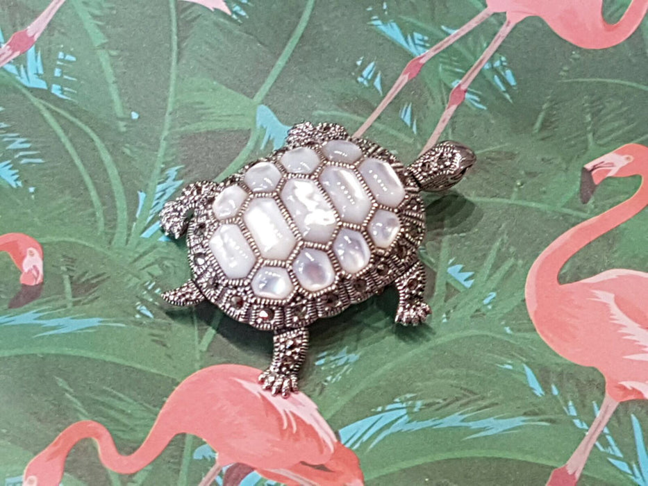 Tortoise Silver Brooch Pin in Mother of Pearl Marcasite - The Hirst Collection