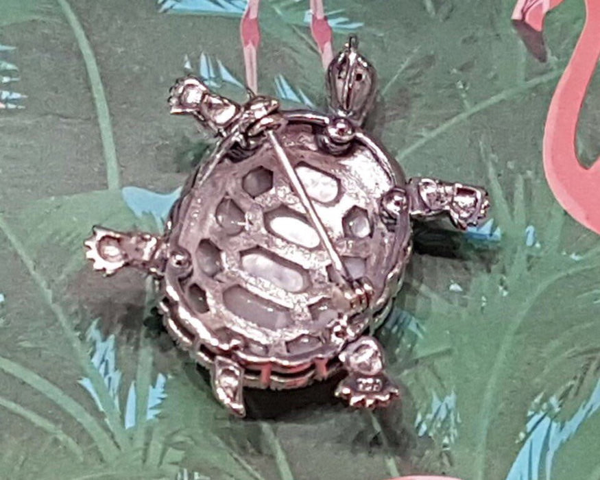 Tortoise Silver Brooch Pin in Mother of Pearl Marcasite - The Hirst Collection