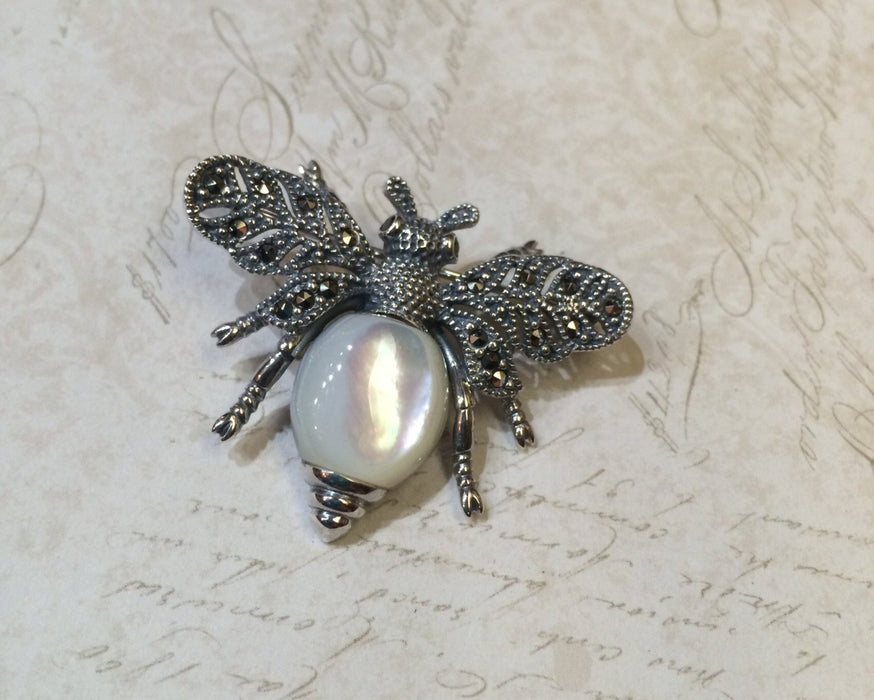 Bee Mother of Pearl Brooch Silver Marcasite - The Hirst Collection