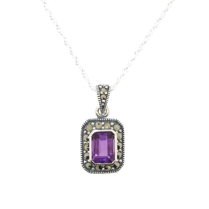 Art Deco Amethyst Pendant Necklace Silver Marcasite Square Purple Crystal - The Hirst Collection