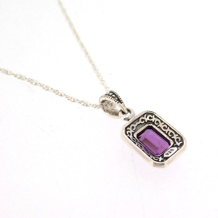 Art Deco Amethyst Pendant Necklace Silver Marcasite Square Purple Crystal - The Hirst Collection