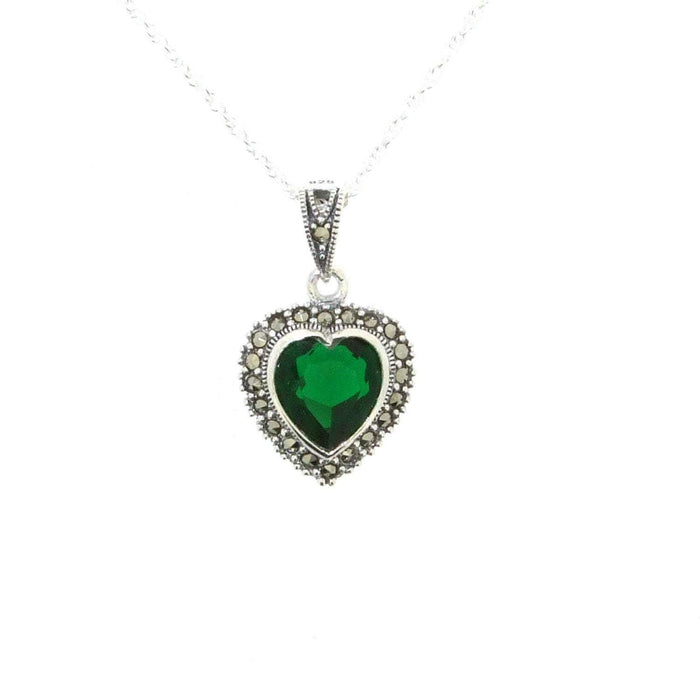 Emerald Green Heart Pendant Necklace Silver Marcasite on chain - The Hirst Collection
