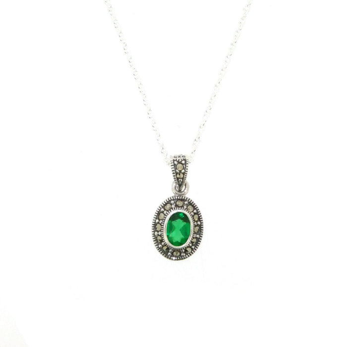 Emerald crystal silver Marcasite oval pendant - The Hirst Collection