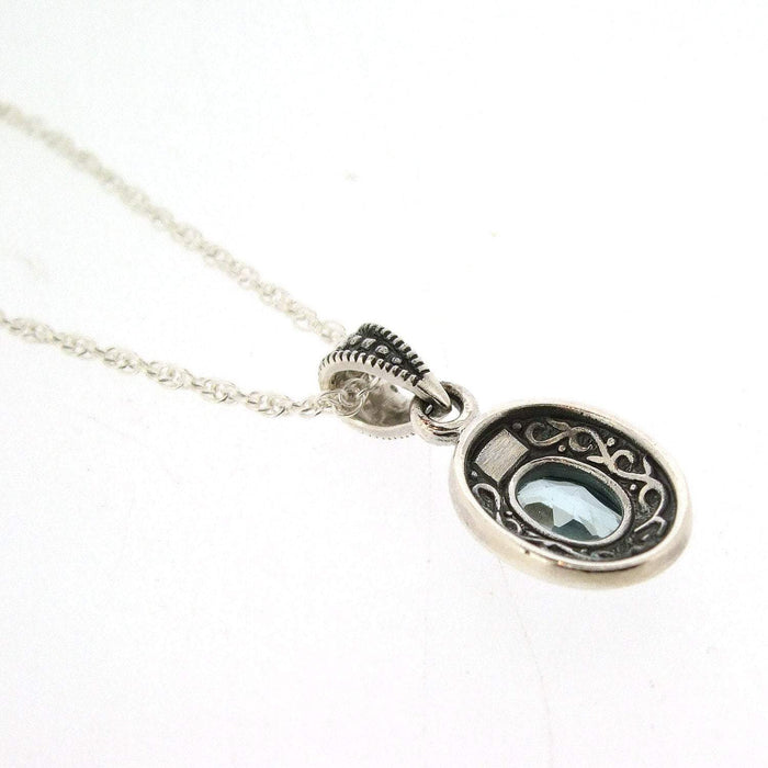 Blue Topaz Pendant Necklace Silver Marcasite on chain Cubic Zirconia - The Hirst Collection