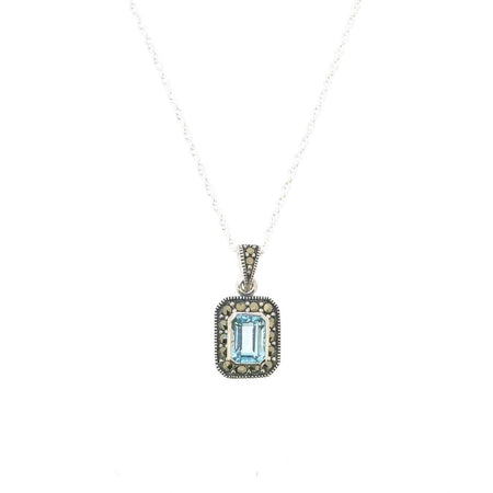 Art Deco Pendant Blue Topaz Necklace Silver Marcasite Bridal Vintage Bride - The Hirst Collection