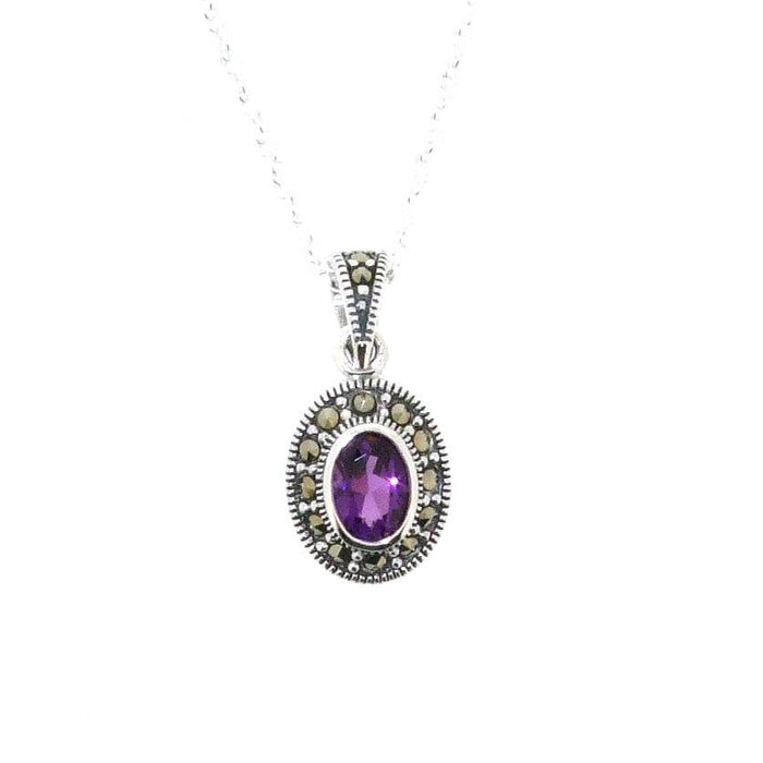 Amethyst Purple Pendant Necklace Silver Marcasite on chain - The Hirst Collection